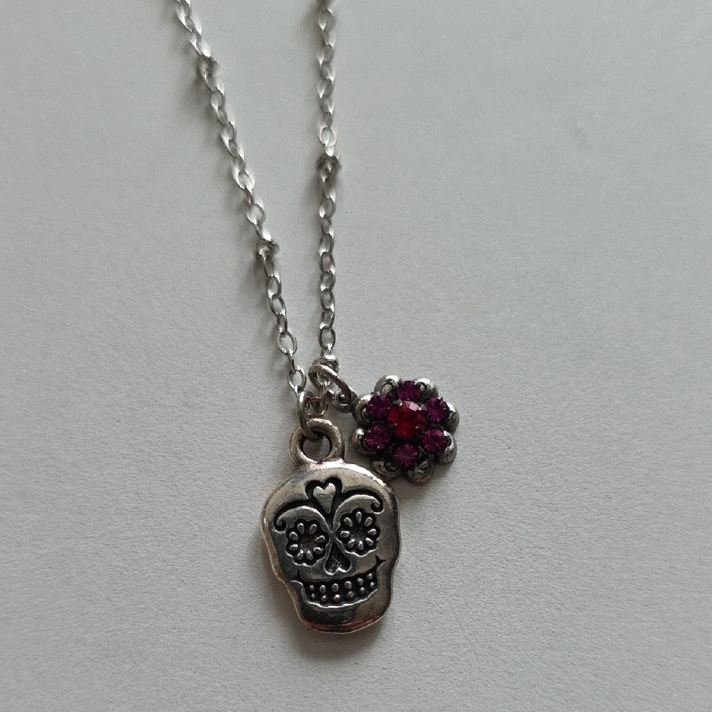 Pink and Silver Skull Charm Necklace